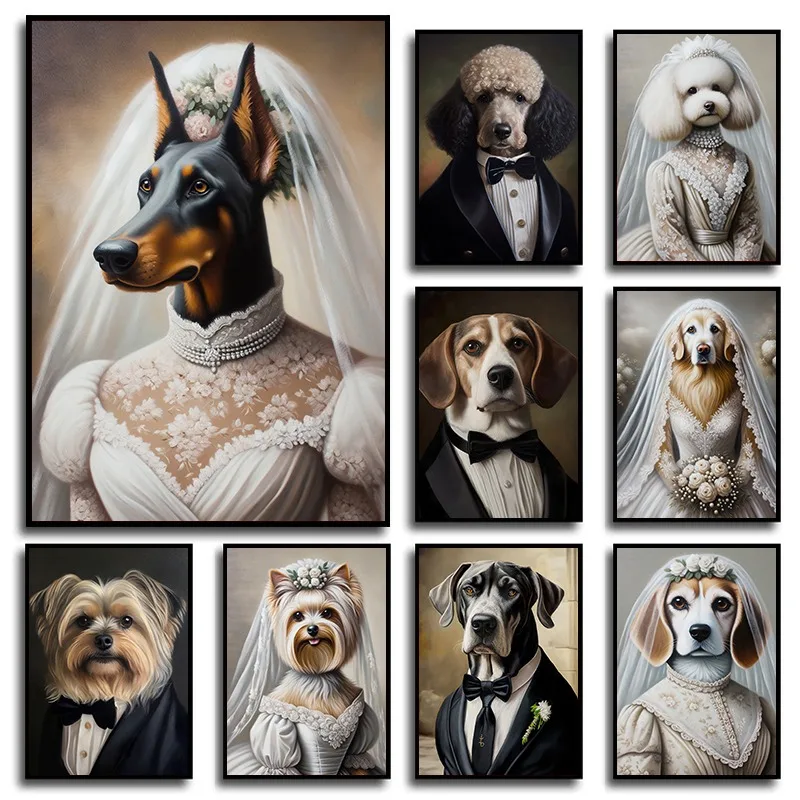 Pes Mariage Španiel, ktorý nosí svadobné šaty výtlačky plagátu Canvas maľba nástenné umenie oblek psa Portrét Obrázok pre izbu domáci dekor
