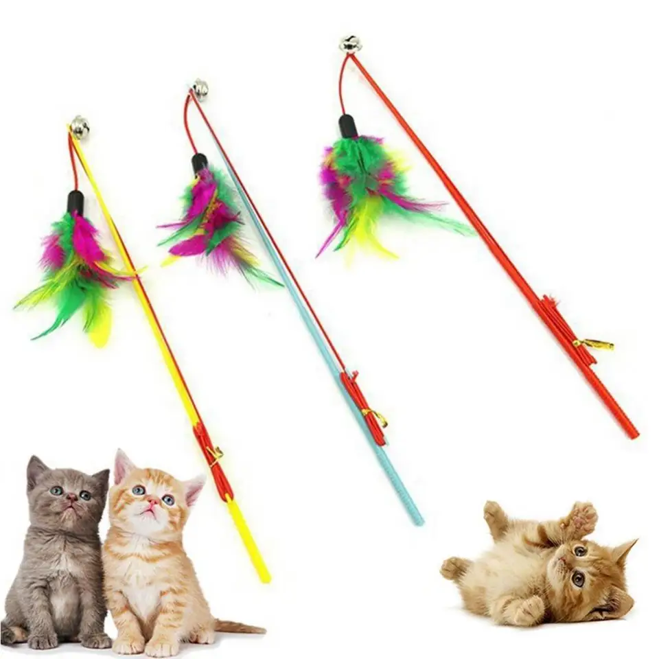 Pet Cat Ukážky hračky Indoor InterActive Feather Stick FuntiColor Color Feather Bells Cat Stick for Pet