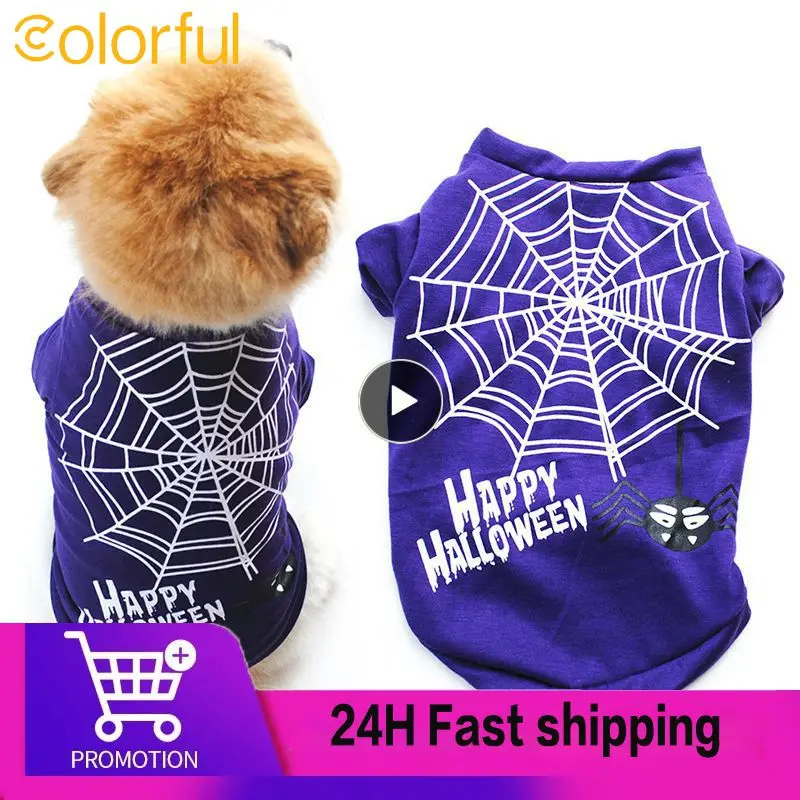 Pet Dog Cat Vest Tričko Halloween pavúky Webový vzor Tlač bavlny roztomilé fialové tričko Malé stredné psy šteňa oblečenie xs-l