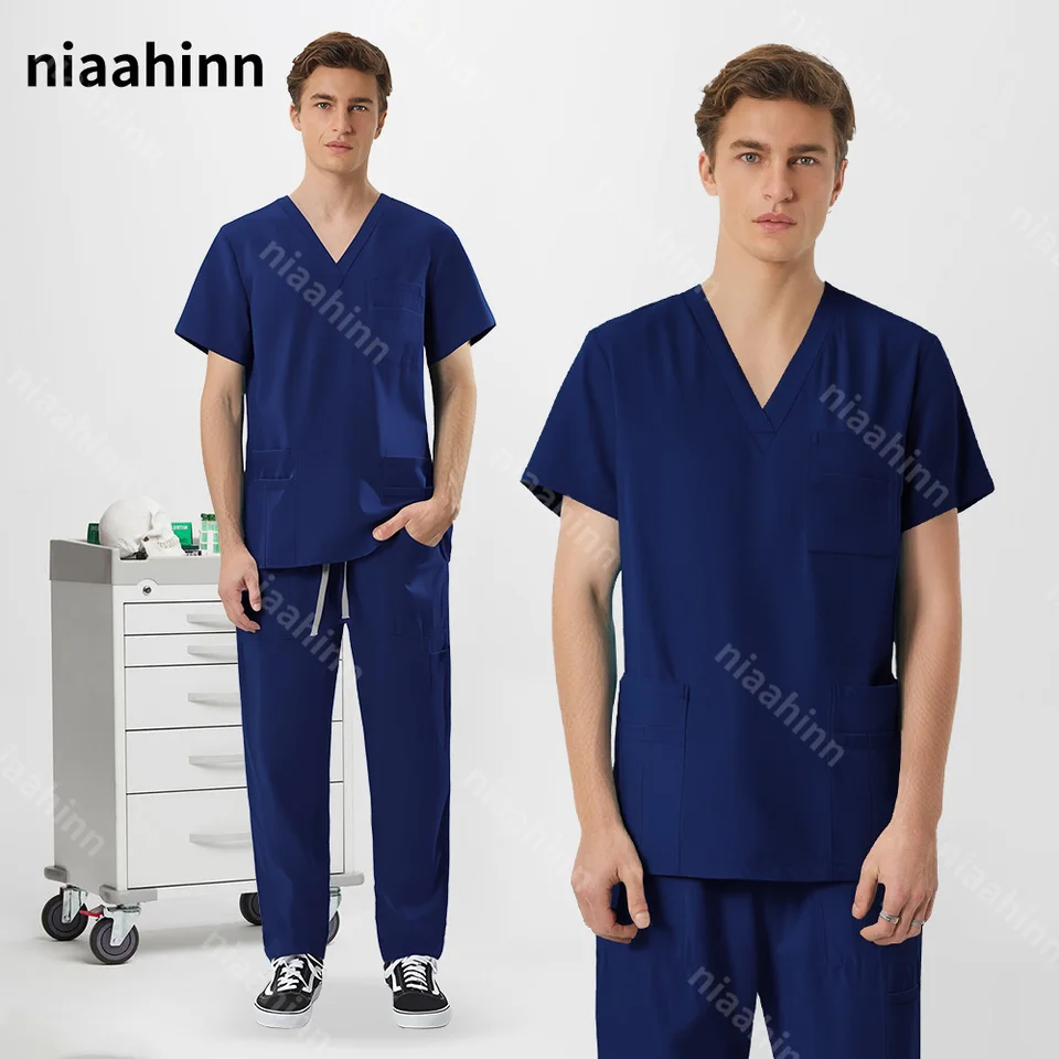 Pet Grooming Institution Scrubs Set Rýchle suché laboratórne uniformy lekárske oblečenie unisex V-krk chirurgický pracovný odev Strievok