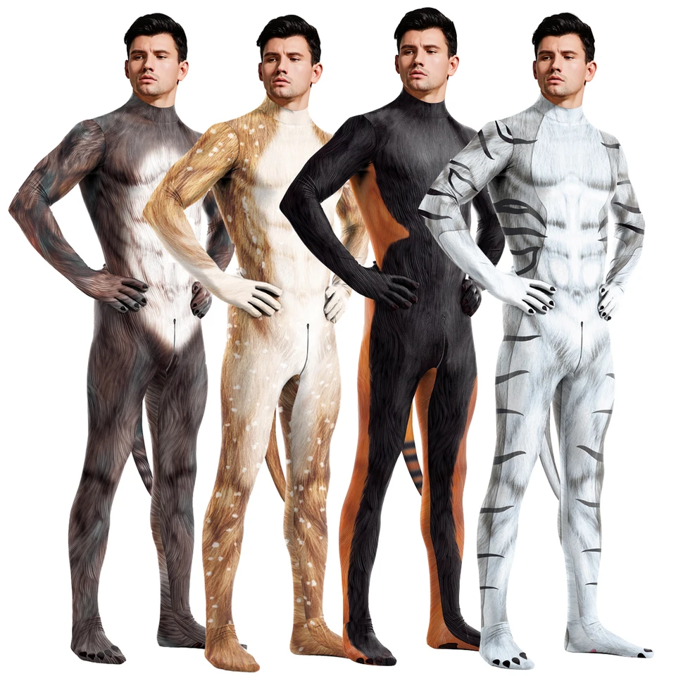 Pet Print Cosplay BodySuit Man Fitness zentai oblek s chvostom plné kryt