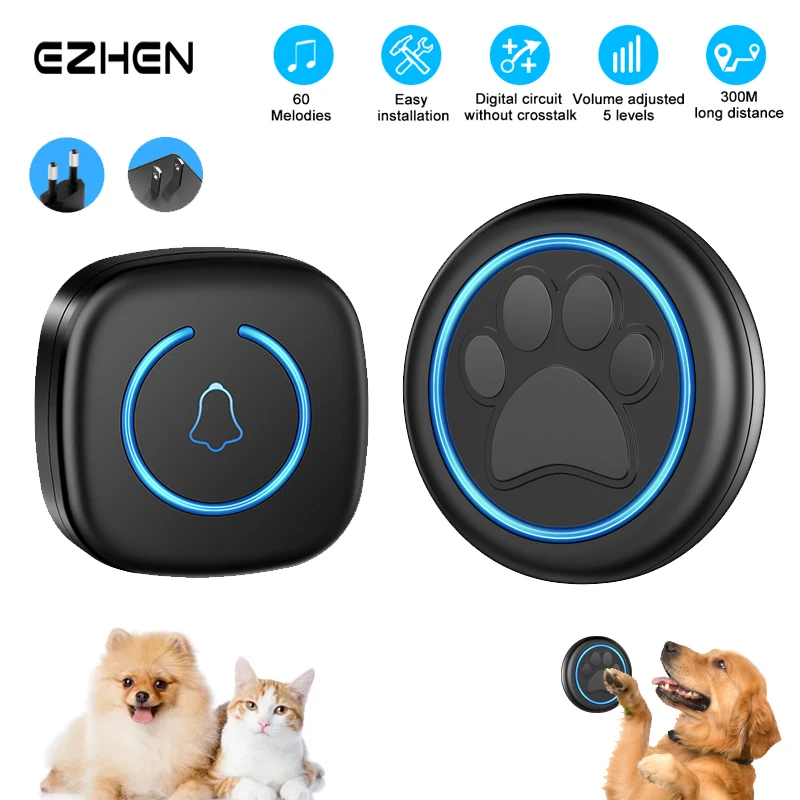 Pet Touch Ringer Gombík 300 m/984ft rozsah 60 skladieb Vysoko hlasitý zvonček pre mačku a psie tréningové dvere Bell Smart Home Us Eu Eu