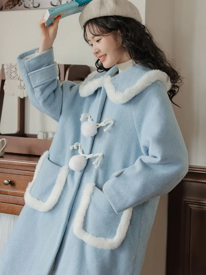Peter Pan Collar Sladké modré zimné teplé vlnené vrstvy pre ženy 2023 Nové veľké vrecká voľné A-line roztomilé faux kožušinové zmesi
