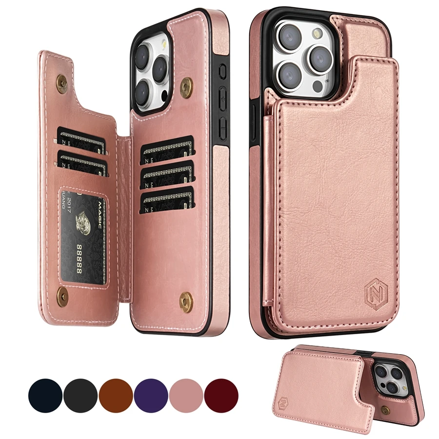 Pevne farebná farba Magnetická dvojitá pracka RFID Blokujúca karta pre kožené puzdro pre iPhone 15 Pro Max 14 plus 13 12 11 xr xs SE2 8 7