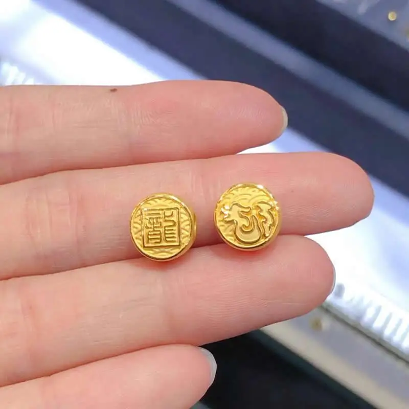 Pevné 24k žlté zlaté korálky 999 Gold Dragon Loong Round Loose DIY guľôčky 1pcs