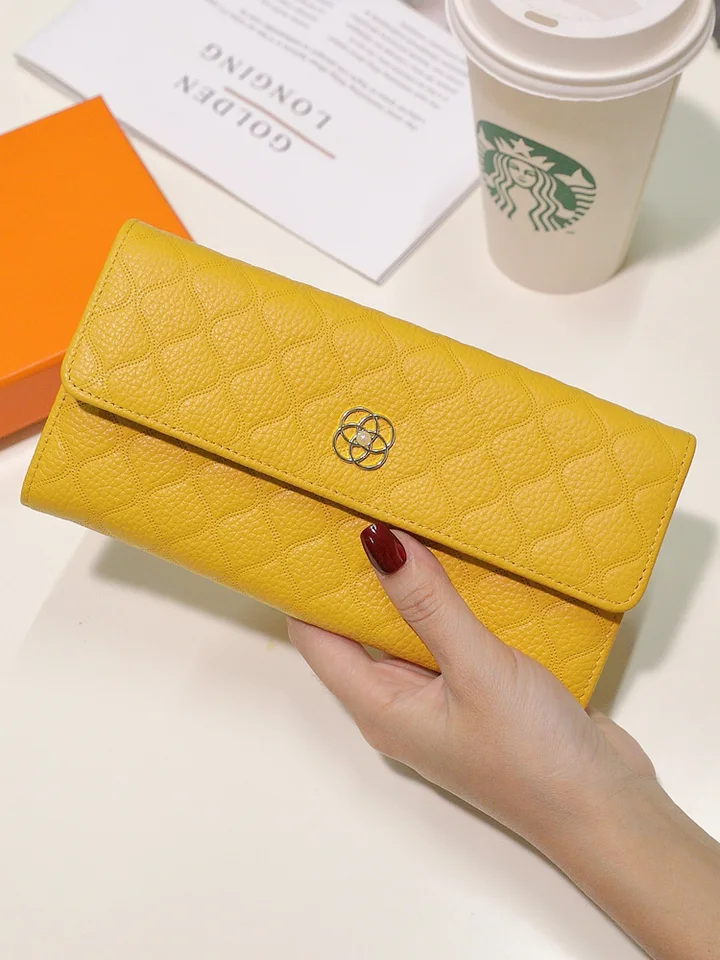 Peňaženka Dámska dámska solidcolor Cowhide pracka horizontálne šitie tmavá bunka zips dlhý módny módny špičkový držiak na mäkký telefón