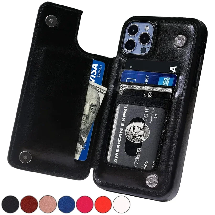 Peňaženka s dvojitým gombíkom slot Magnetické flip kožené puzdro pre iPhone 16 Pro Max 15 plus 14 13 12 11 SE 2022 x xr xs 8 7
