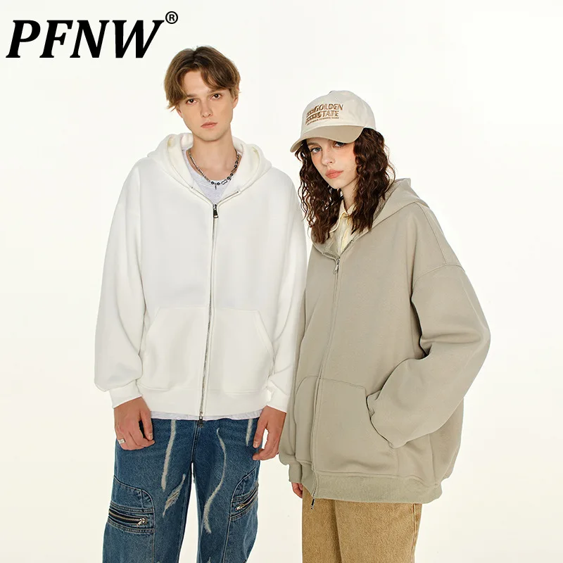 PFNW American Vintage Simple Double Zipper Design Solid Color Strica pre mužov a ženy uvoľnené príležitostné topy s kapucňou nové 12C2266