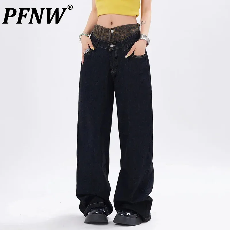 Pfnw americký štýl pánsky džínsy Príležitostné leopardové patchworky Straight Menwear Wide Leg Falošná dvojdielna mužská spodná pružina 28W3656