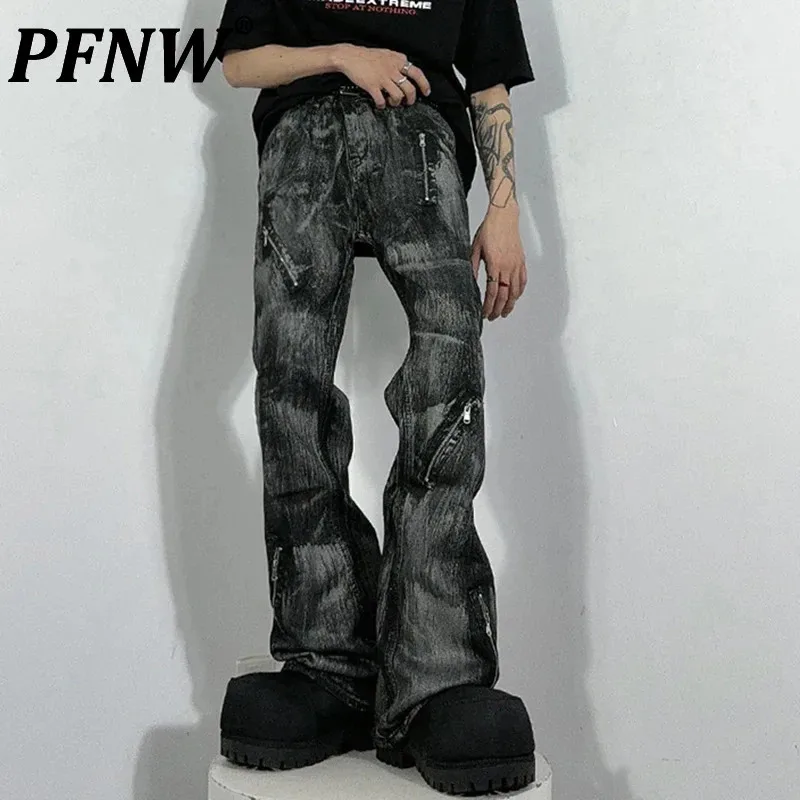 Pfnw tmavé džínsy Pánske džínsy voľný kefovací vosk voskovaný zips Patchwork rovná spodná noha Mužské džínsové nohavice Trend 12c655