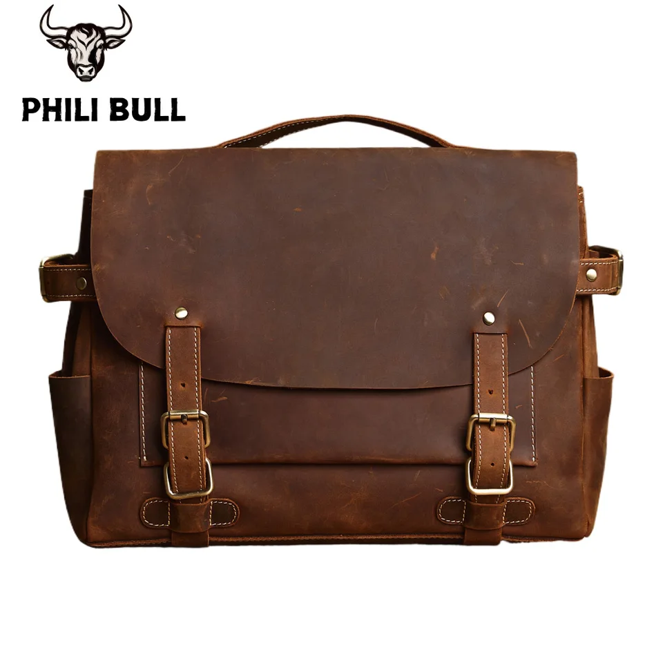 Phili Bull Leather Pánsky kufrík Príležitostná módna kabelka Crazy Horse Leather Veľká kapacita Business taška môže uložiť 14 palcový noted
