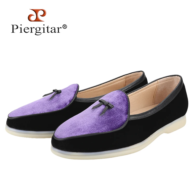 Piergitar Classic Colors Fialové a čierne zamatové patchwork Stride Pánske mokasíry ručne vyrobené kožené kravaty dizajn dizajn Slip-on Summer Walk