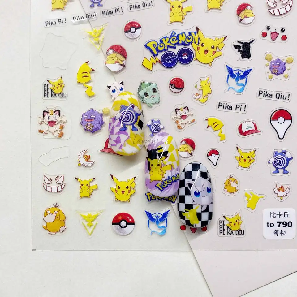 Pikachu Pokemon Anime Cartoon Cartoon Stickers tenké tvrdé roztomilé 5D zadné lepidlo Nové nálepky na nechty dekorácia