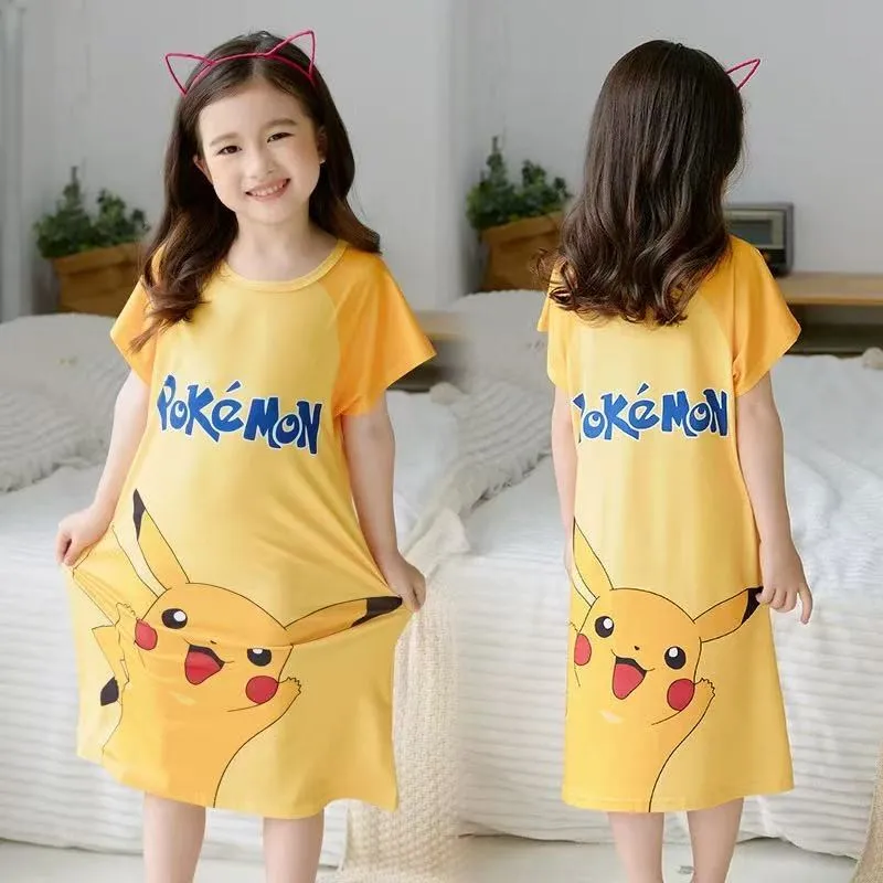 Pikachu Pokemon Cotton Nightdress Malé dospievajúce dievča pyžama šaty detská karikatúra anime letné nočné nočné šaty domáce oblečenie spánok