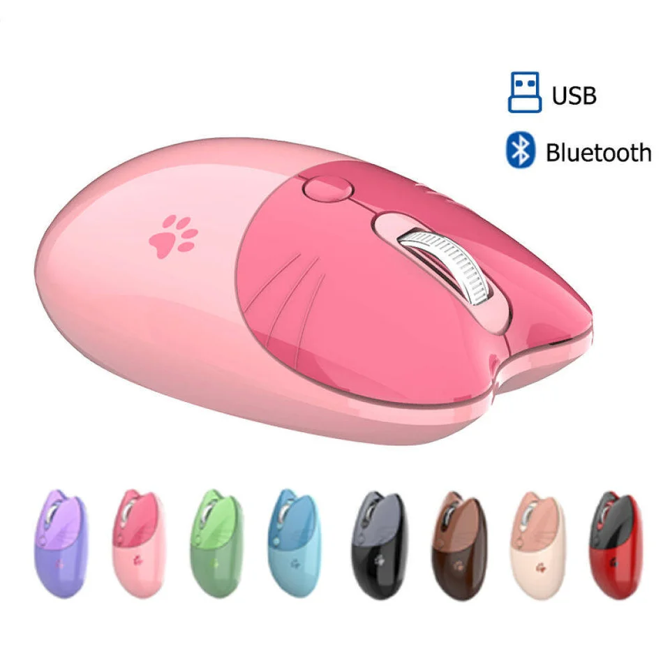 Pink Bluetooth +2,4G Wireless Mouse Cute Cat Ticho Kliknite na kliknutím na myš Bluetooth Nastaviteľnú prenosnú myš DPI pre notebook pre počítač iPad