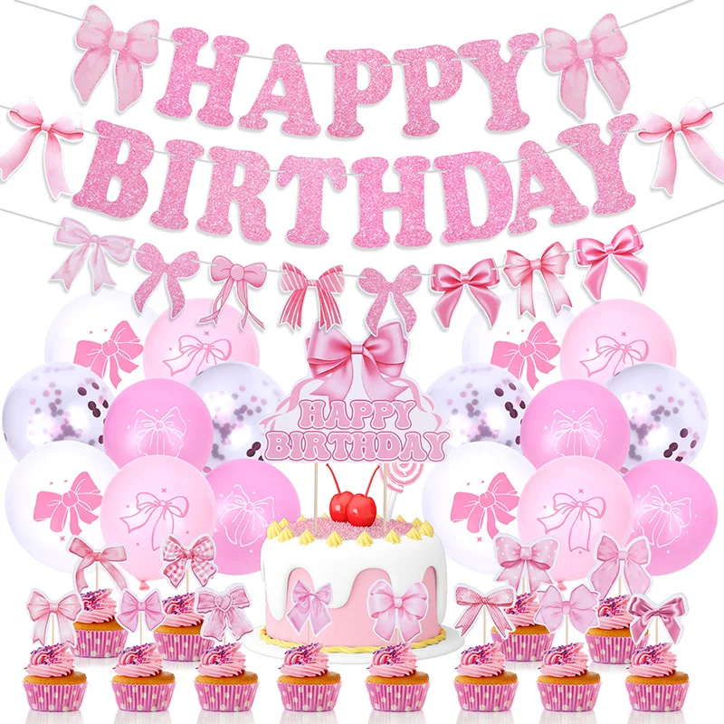 Pink Bow Girl Birthday Temed Party Decorácie luk banner garland tortu topper latex Balón Coquette Girls Girls narodeninové oslavy dekor