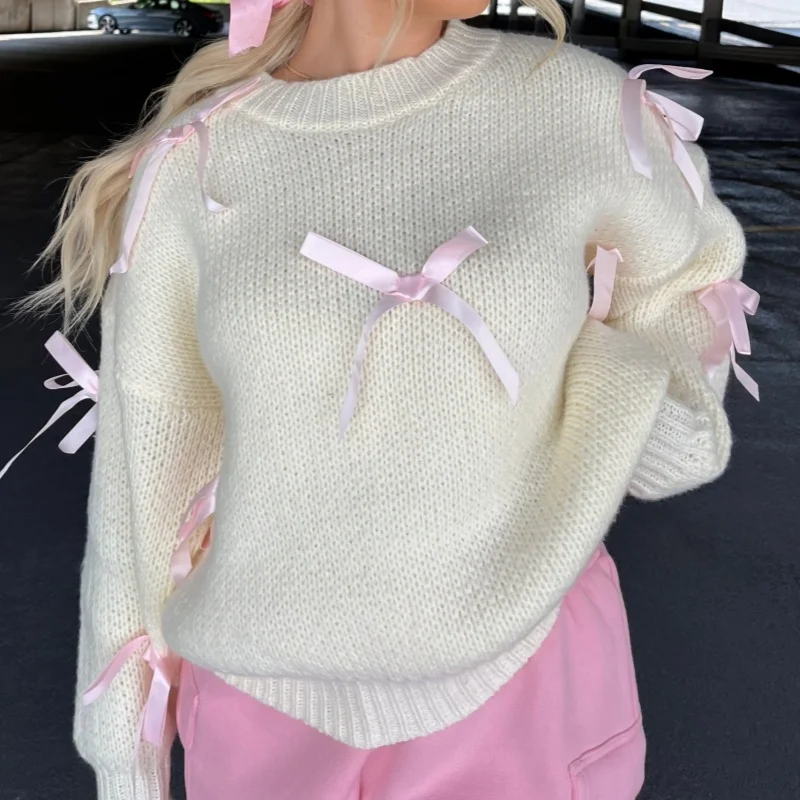 Pink Bowknot Sweet Sweater Y2K Chata Cottage plety na jeseň a zimné dámske elegantné voľné okrúhle krk dlhé rukávové pulóvety