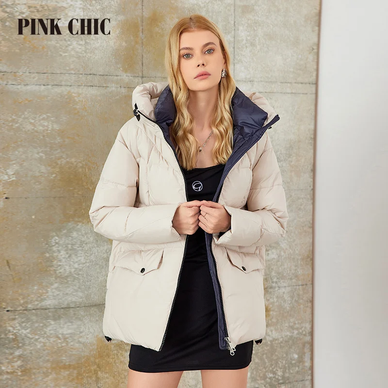 Pink Chic 2023 Zimný kabát Ženy Down Down Batchets vreckové teplé šnurovanie s kapucňou krátka verzia Parka Žena W6509