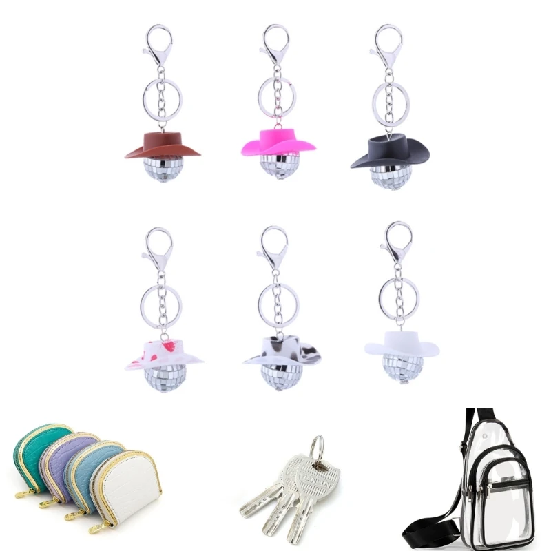 Pink Cowgirl Cowboy Hat Car Charm Zadný výhľad zrkadlo zavesenie-Disco Ball-Bling Keychain Západné príslušenstvo vrecká dekorácia