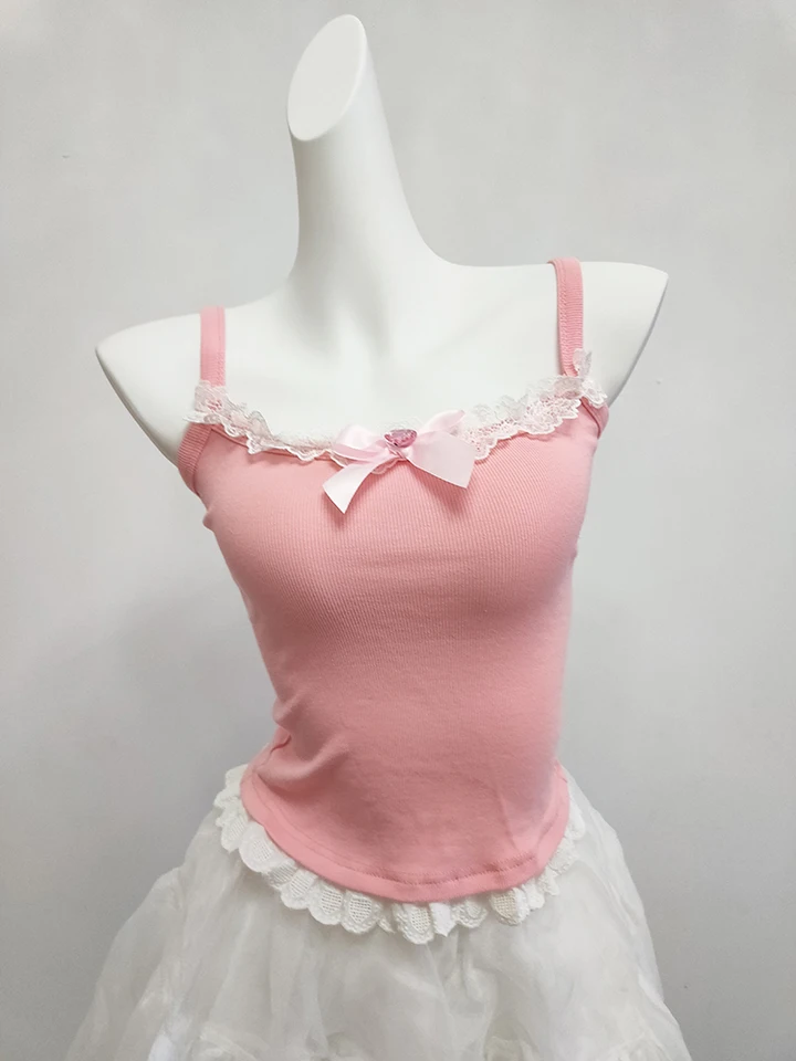 Pink Crop Top Women Summer Y2K Tops Tops Lace Tress Luky Decorácie roztomilé camis pre sladké dievčatá lolita štýl kawaii oblečenie