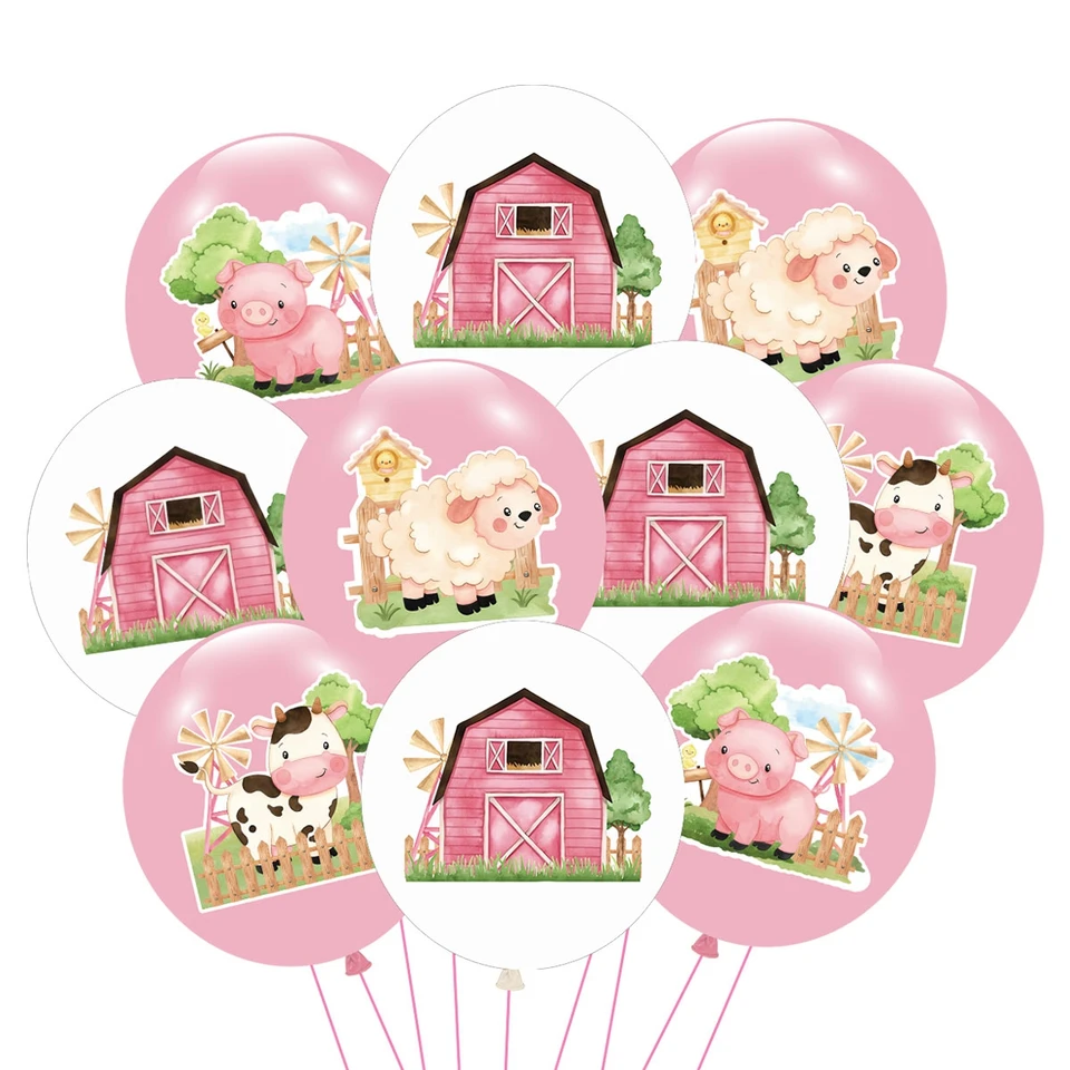 Pink Farm Animal Balóny kravy ošípané ovce statok latex Balóny bábätká dievčatka Dievča