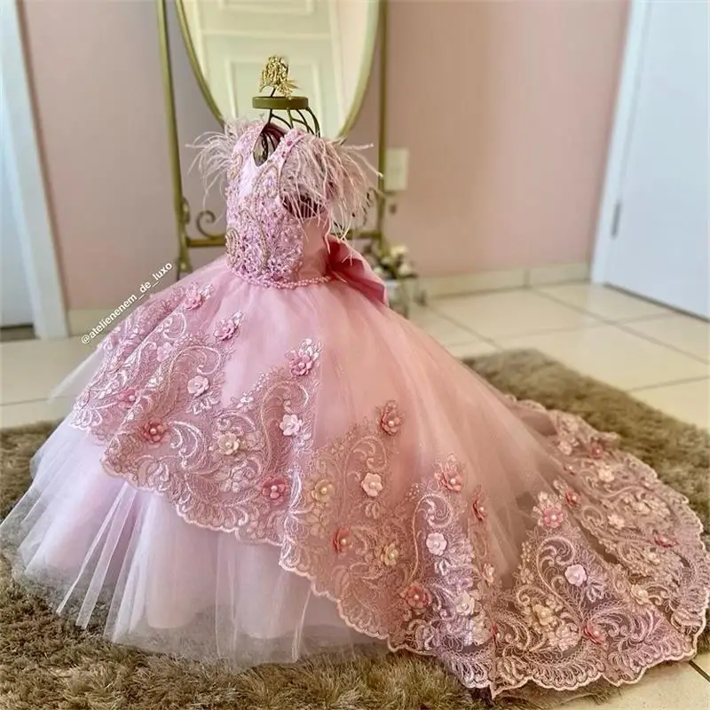Pink Feather Flower Girl Šaty na fotenie čipky Lastter Kids Sprievodné šaty narodeninové oslava svadba First Communion Dress