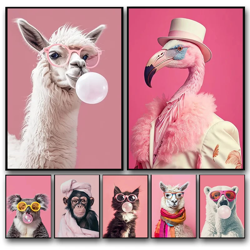 Pink Funny Cute Animal Bubble Party Disco Plagáty mačiatko Llama Koala výtlačky plátno tlačiareň
