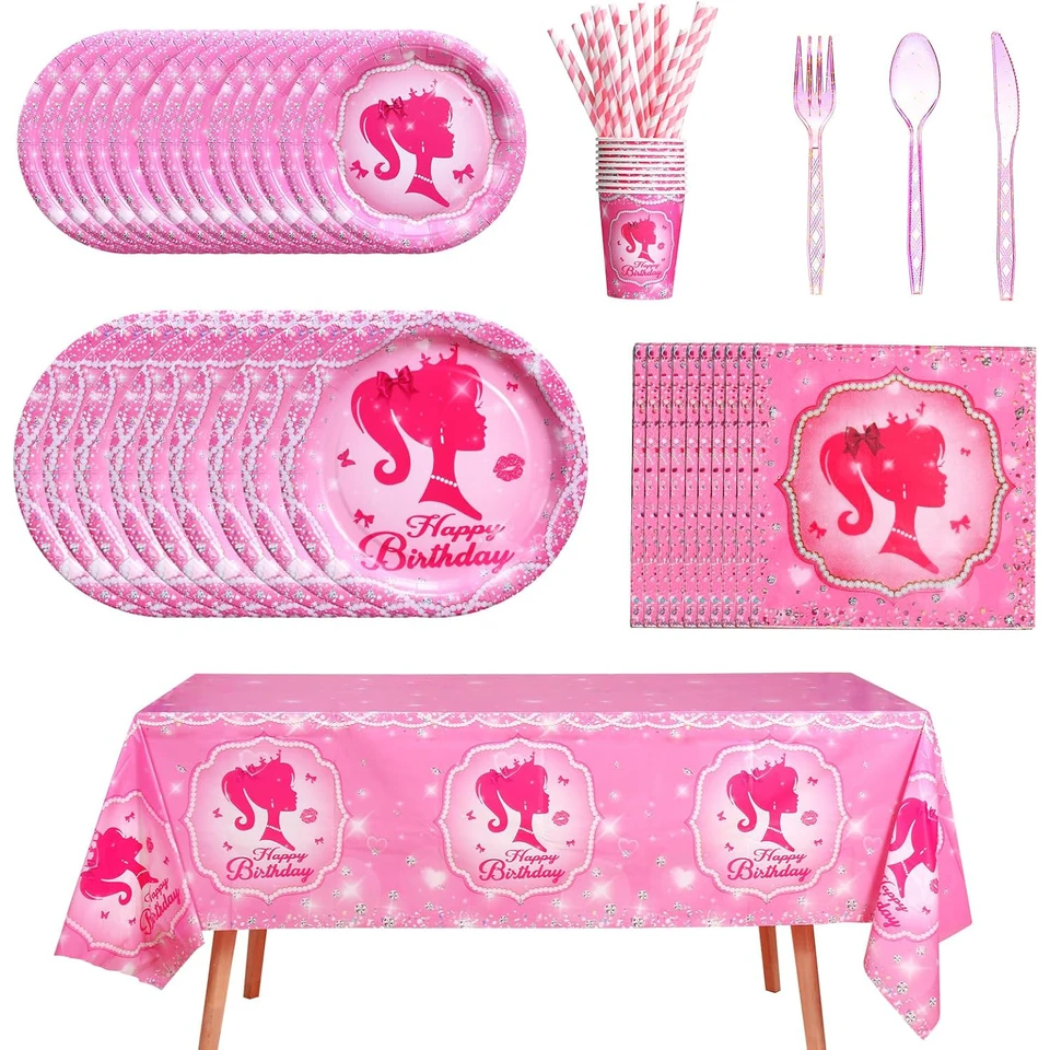 Pink Girl Babe Party Dodávky papierových dosiek šálky Slaw Strw Spoon Spoon Fork Notive Noty obrus