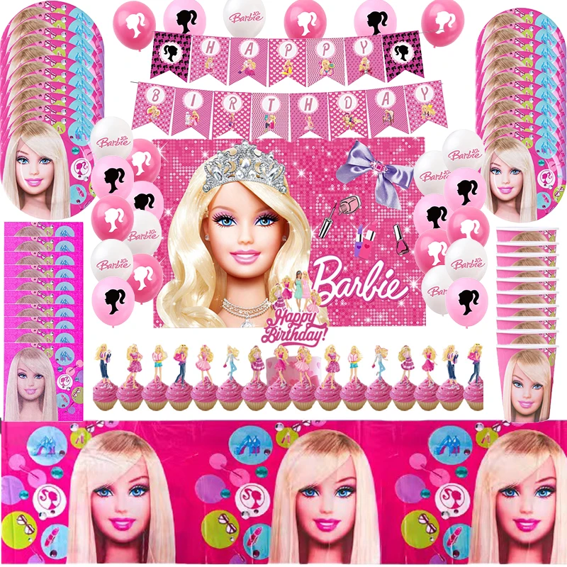 Pink Girl Barbiee Narodeniny dekorácie Dodávky večierkov Balón Banner Kadový riadokrový koláč tortu torpper bábätko