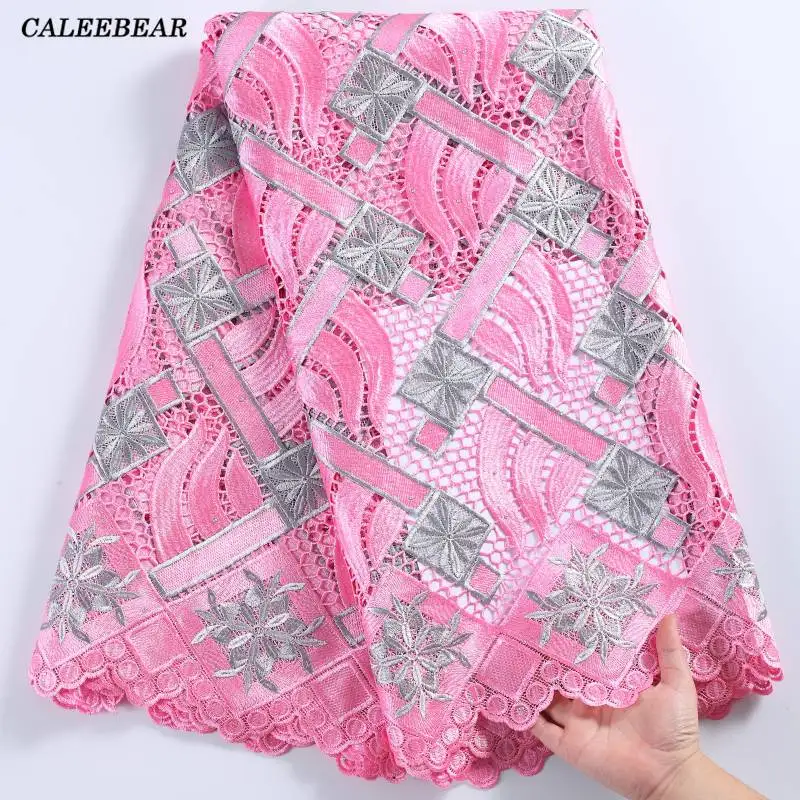 Pink Grey African Cord Lace Lace Vysoko kvalitná guipurová šnúrka Lace Water rozpustná bavlnená čipka s kameňmi pre svadobné šaty S2241