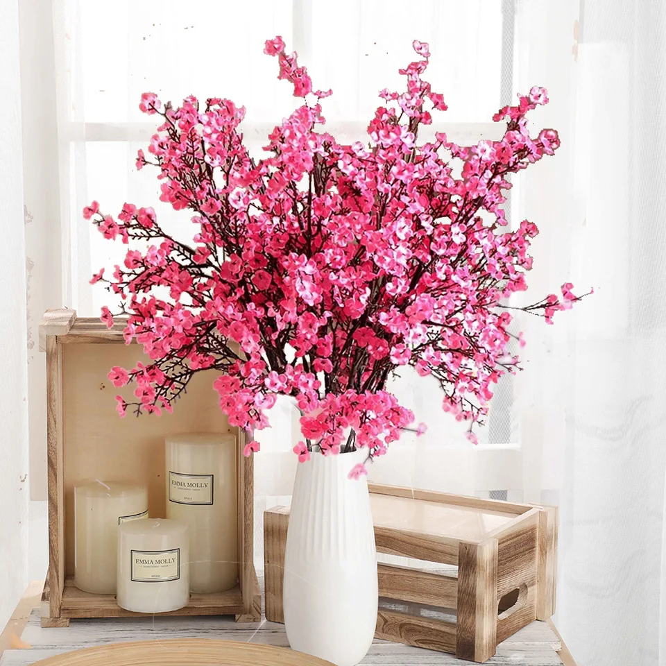 Pink gypsophila umelé kvety pobočka Vysoko kvalitné detské dych falošné rastliny s dlhou kyticou domov Svadba jesenná vianočná dekorácia