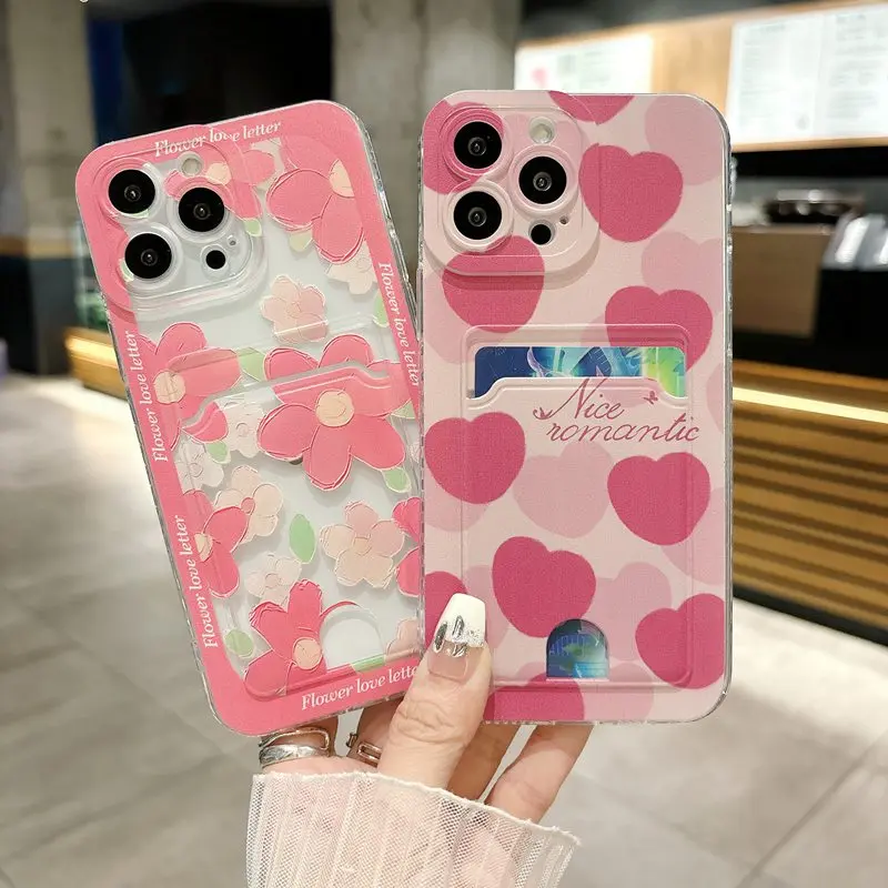 Pink Heart Oil Flowers Card Card Tack Pase pre Realme 12 11 10 9 Pro Plus 5G 4G 8 5i 6i 7i 8i 9i Narzo 50a 50i 50 30 20 Cover