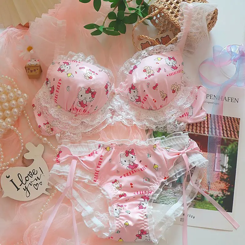 Pink Hello Kitty Sladké a roztomilé dievča spodná bielizeň a nohavičky 2 PCS Sety Y2K Lace Edge Sexy Gathering Gathering Redingie podprsenka