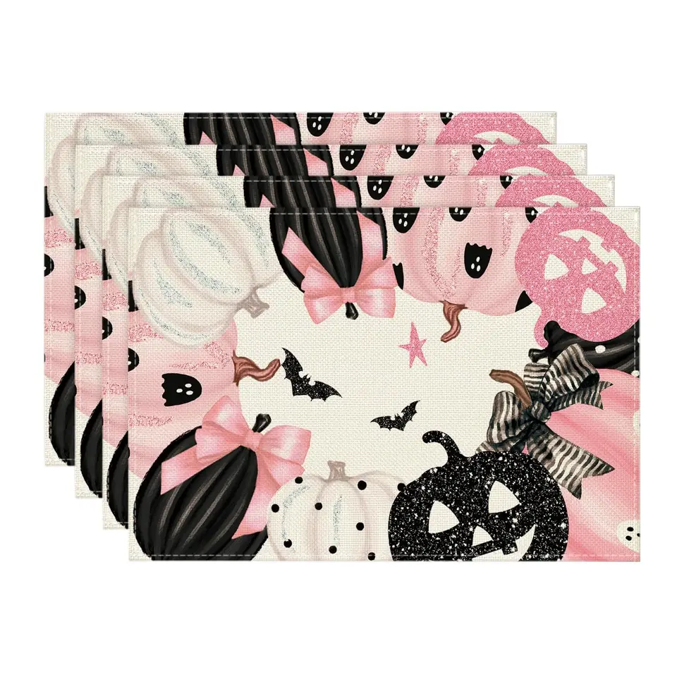 Pink Jack-O-Lantern Halloween Placemats Set sada 4, 12x18 palcových tekvicových stolíkov pre párty