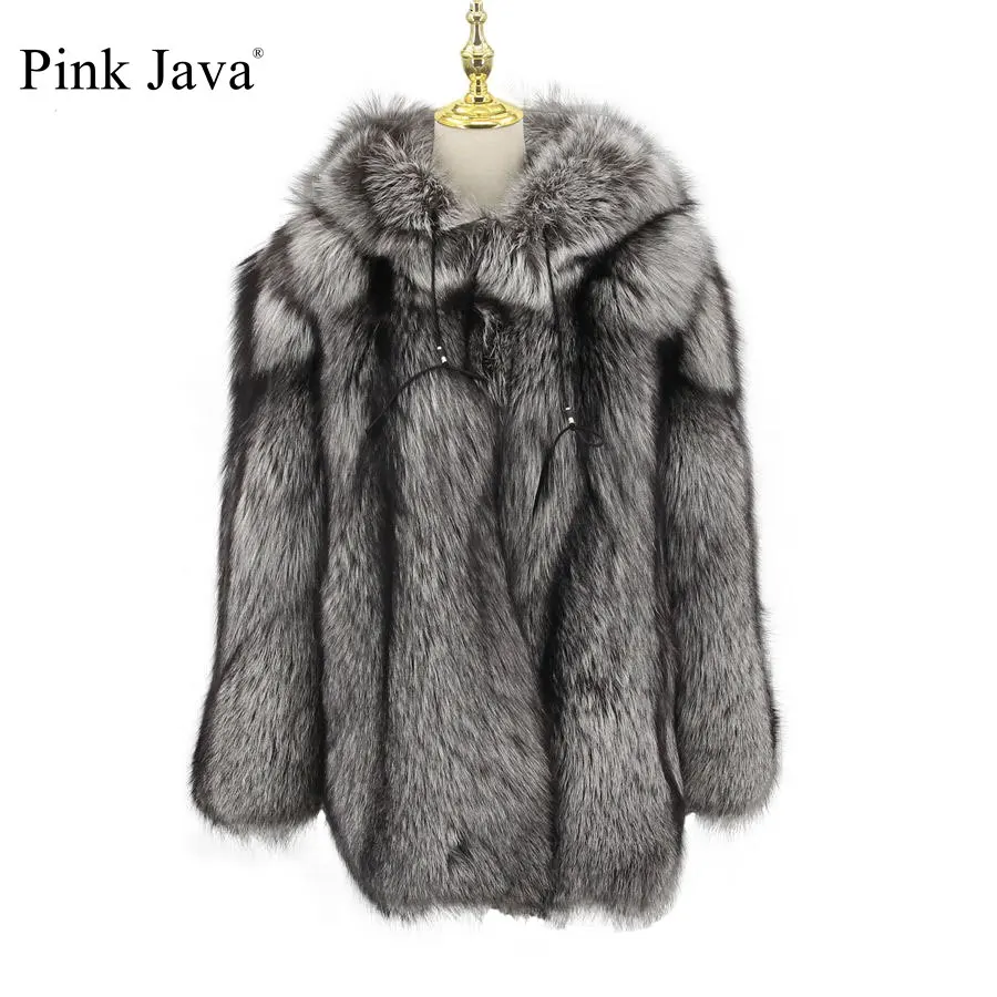 Pink java qc20108 Nový príchod Ženy Coats Winter Fox Coot Cort Natural Silver Fox Fur Bunda s kapucňou luxusnou módou