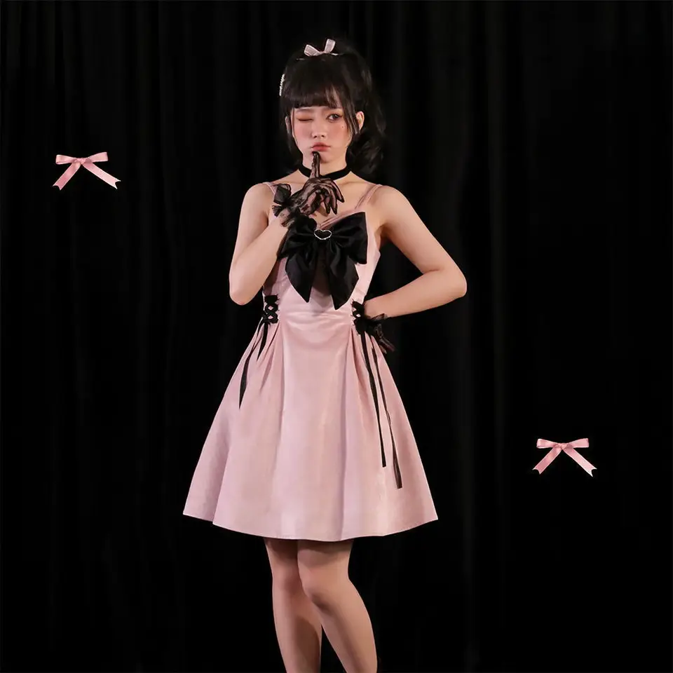 Pink Lolita šaty kawaii luk obväz na šaty šmykľavky Ženy Goth Black Sexy Sexy Ruckeless Y2K Ženská večierok Sladké cosplay remienky šaty
