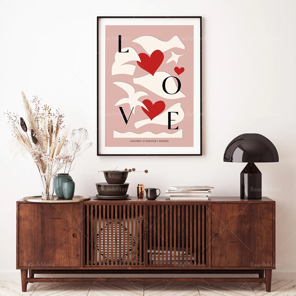 Pink Love Art Plagát, dekorácia na Valentína, dekorácie súčasného umenia, dekorácia spálne, abstraktná tlačová tlač