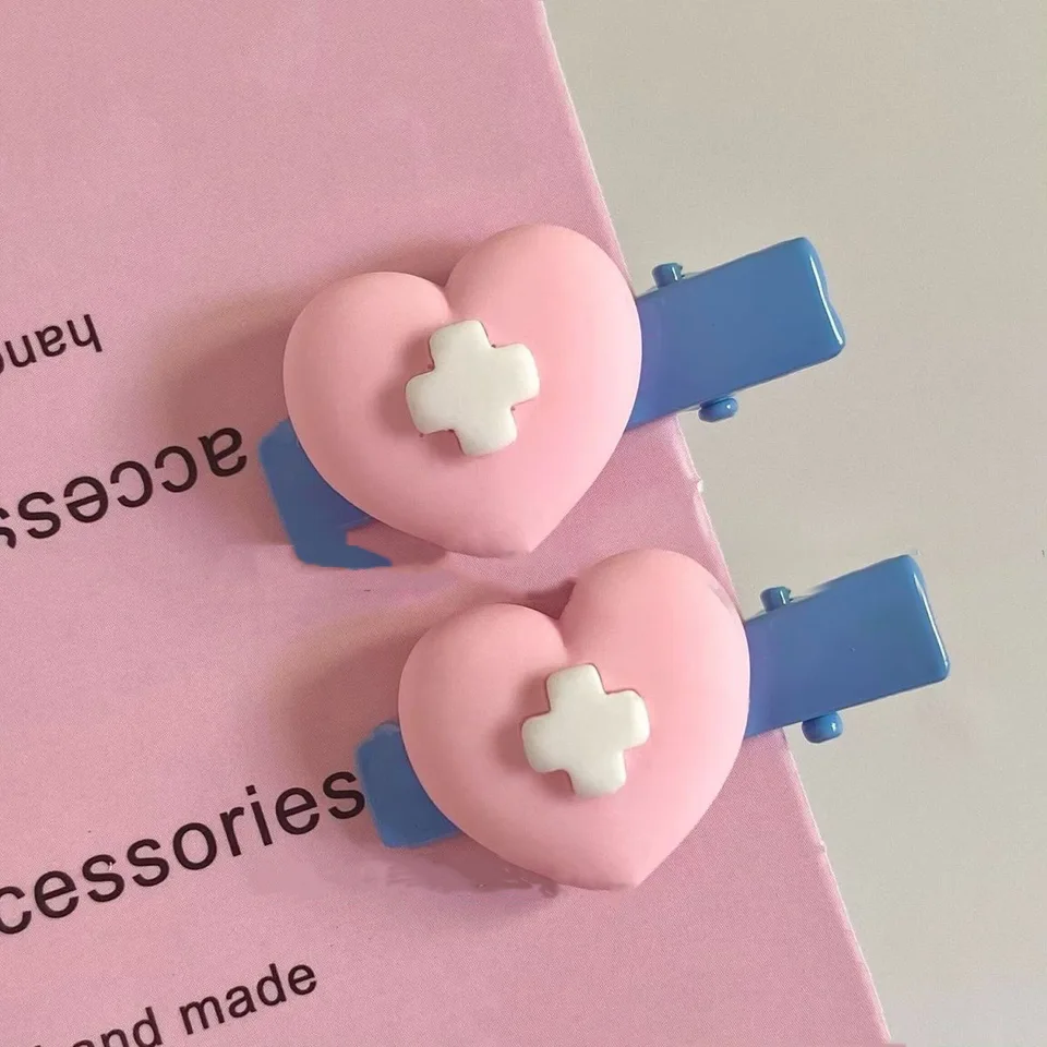 Pink Love Heart Cross Hair Clip Sweet Cute Y2K Estetic Lolita Girls módna japonská harajuku vlasové doplnky pre ženy