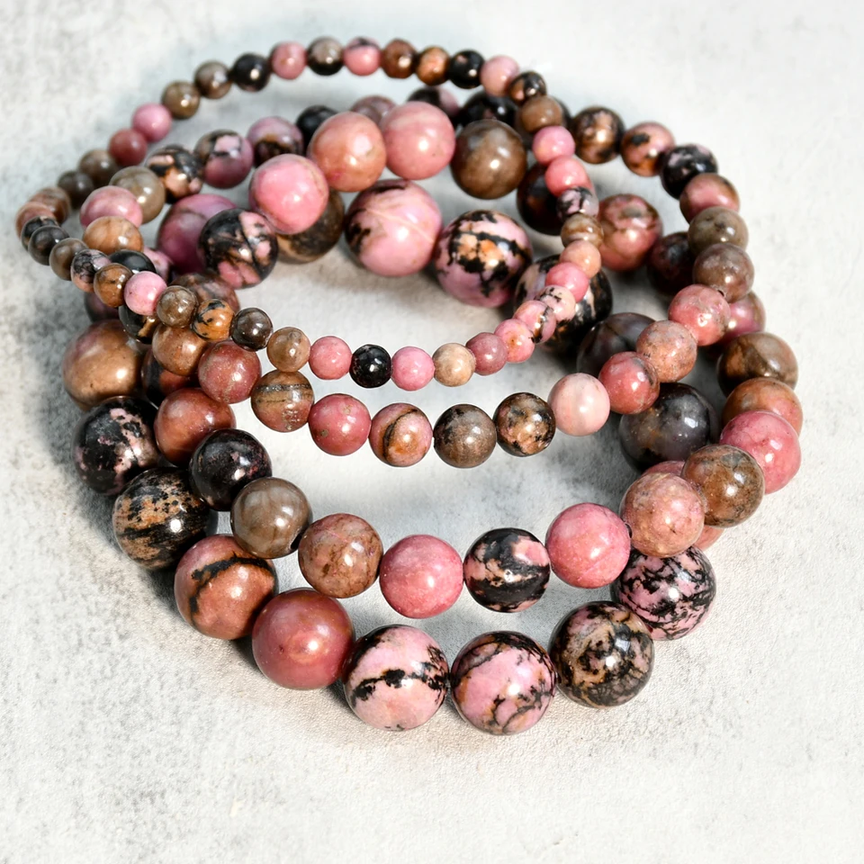 Pink Natural Stone Rhodonite Elastický náramok 4 mm 6 mm 8 mm 10 mm okrúhle guľôčky vintage štýl ručne vyrábané šperky