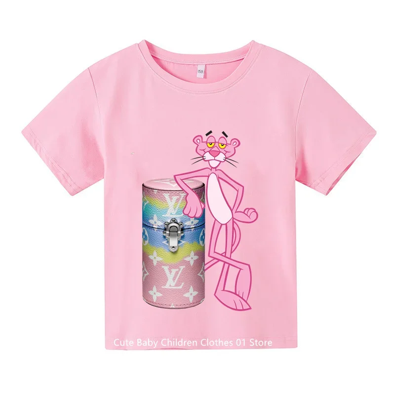 Pink Panther Cartoon tlač Tshirt Dievčatá Kawaii Kids oblečenie roztomilé mačacie tričko Detské oblečenie letné vrcholy tričko tričko
