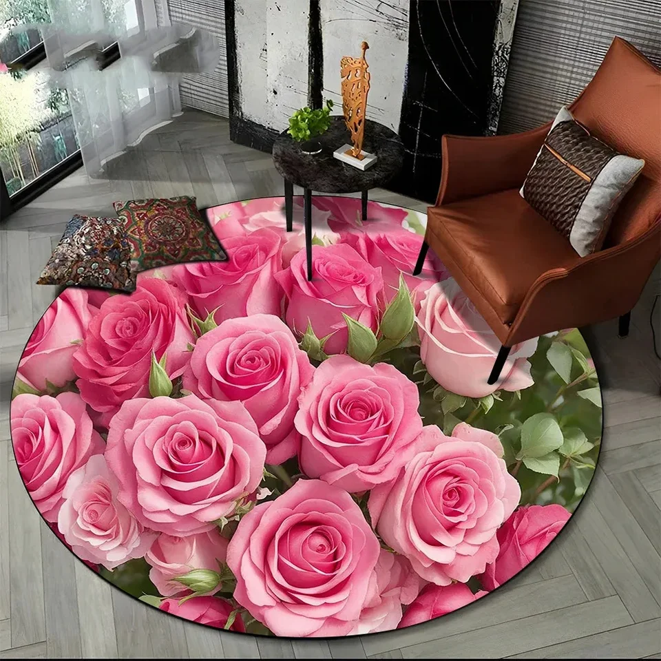 Pink Rose Flowers Round Carpet Romantický kvetinový kruh koberce Dievčatá Dievčatá Spálňa Obýva
