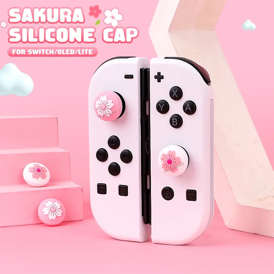 Pink Sakura palca Cap Cap Cap 3D Analog Joystick Ochranné puzdro pre prepínač NS OLED Lite Joycons Ovládač