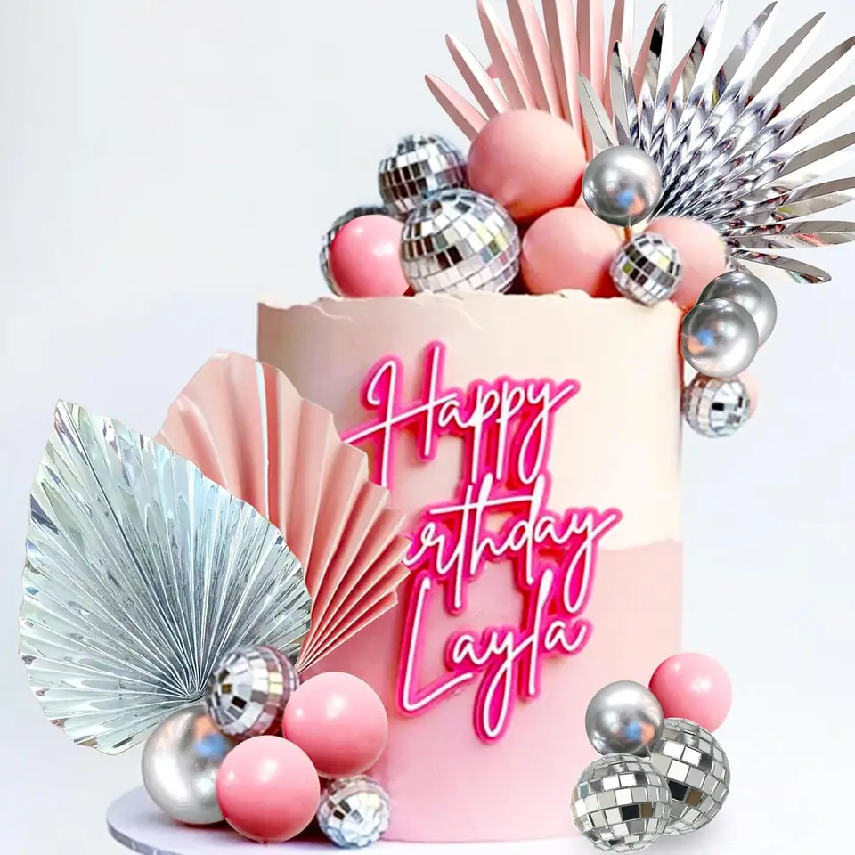 Pink Sliver Disco Balls Cake Decorácie Palm Listy Cake Decoration Stars Decorácie koláča 70S Disco Bachelorette Party Supplies