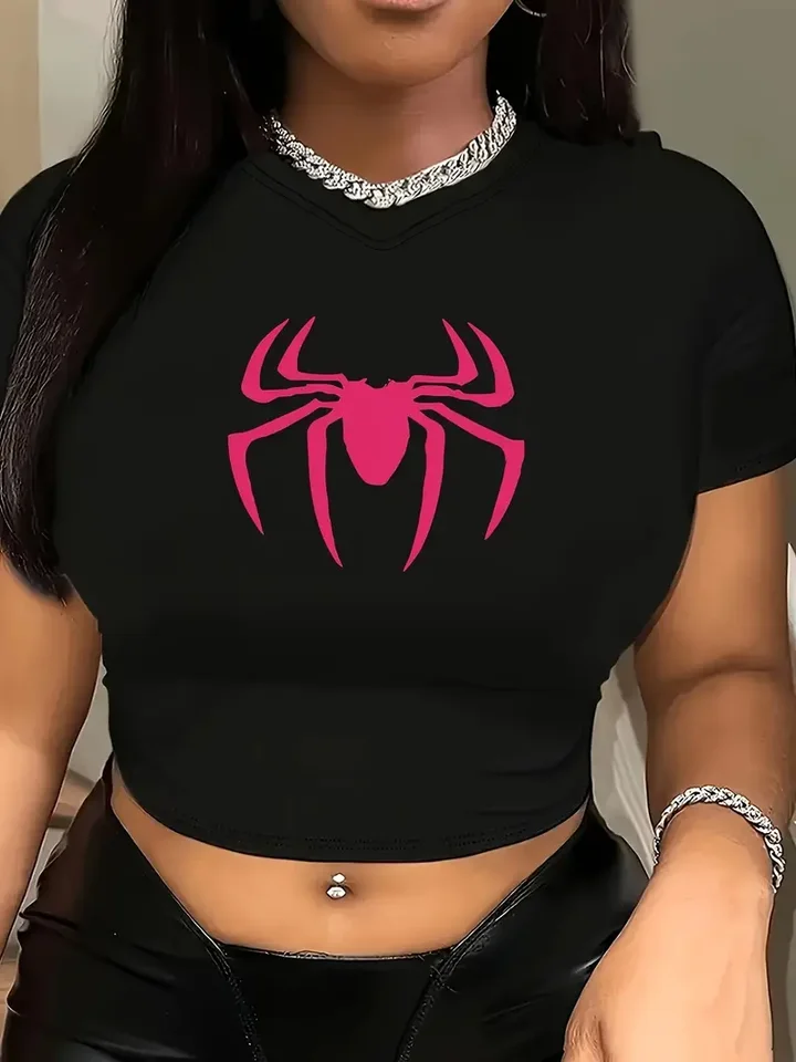 Pink Spider Print V-NECK Tričko Tričko Y2K Krátke rukávy pre jar a letné dámske odevy predaj jeden kus čiernej 2024