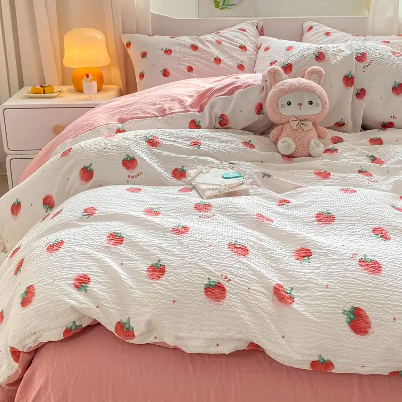 Pink Strawberry Bedwing Set Soft 3/4ks Bed Feet Cover Cover Cover Washed Cotton Potecha pre deti pre deti Detské dekorácie