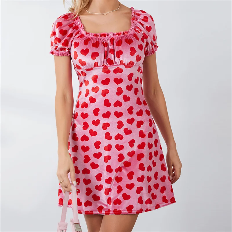 Pink Sweet s krátkym rukávom na kopčeka na krk Srdce Srdce Krátke šaty y2k Fairycore Velvet Puff princezná mini šaty elegantné večierok cinkwear
