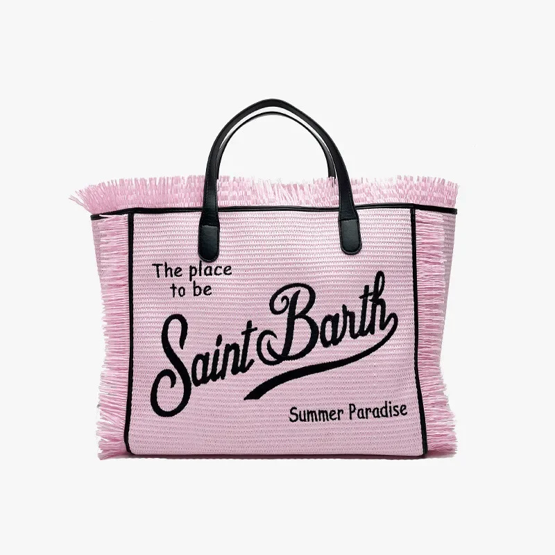 Pink Tote Bag New Dámy veľká kapacita kabelky móda Príležitostné denné plátno vrecko s pruhovanými ručne vyrábanými taselovými ramennými taječkami