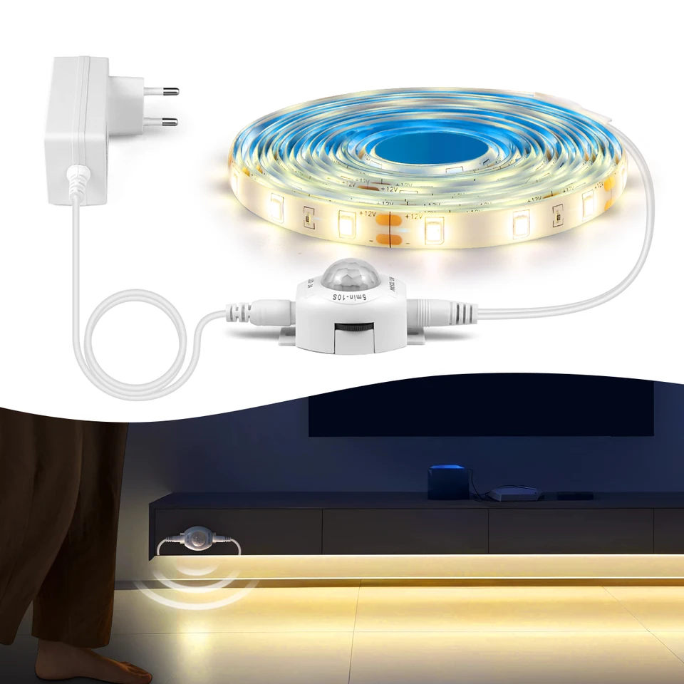 PIR MOULS SENZOR LED pod skrinkou Lights Lights CHIPBOARD Kuchynská posteľ núdzové nočné svetlo DC 12V LED pásová páska EU/US Power AADPTER