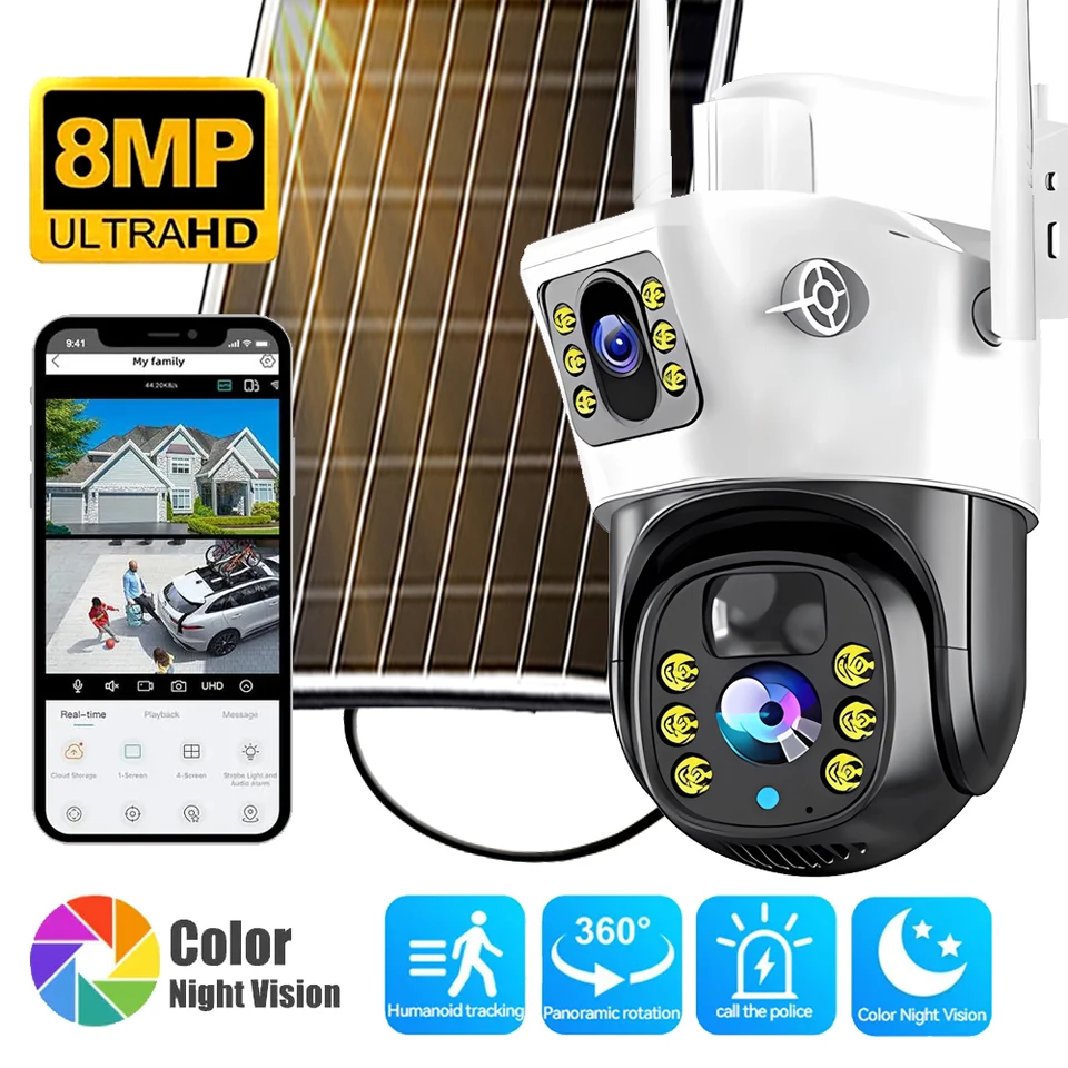 PIR Solárna kamera s nízkym výkonom Duálne šošovky 4G SIM karta 2.4g WiFi Solárna batéria 4K 8MP farebné nočné videnie IP CCTV sledovacie kamery