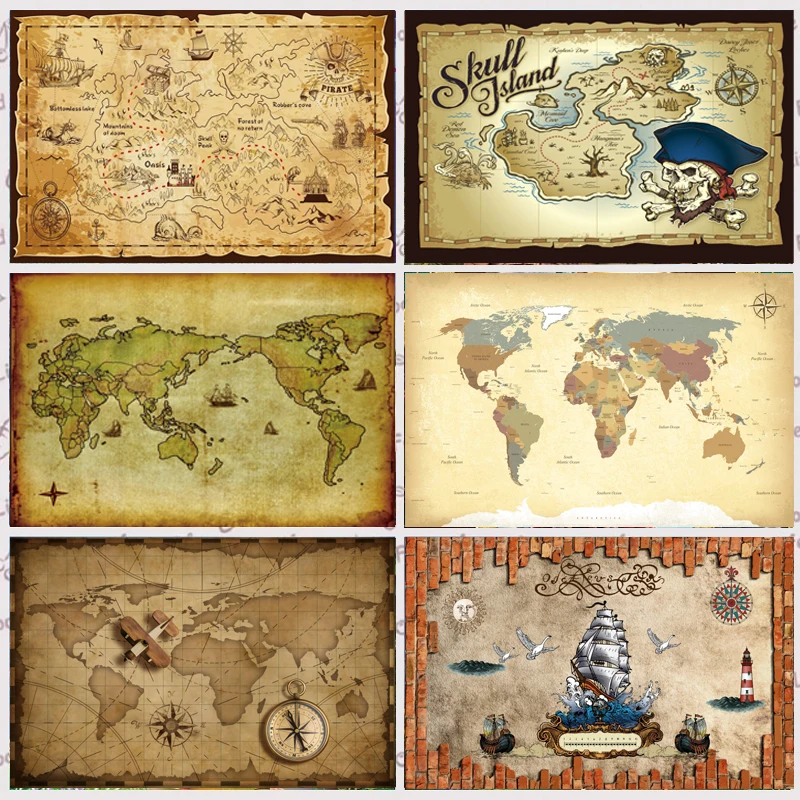 Pirate Old Treasure World Map pozadie retro lov Námorné dobrodružstvo Boys Birthday Party Photography Photo Studio